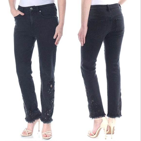 Free People Black Cutwork Mid Rise Frayed Raw Hem Straight Cut Jeans Size 26 W - Picture 1 of 11